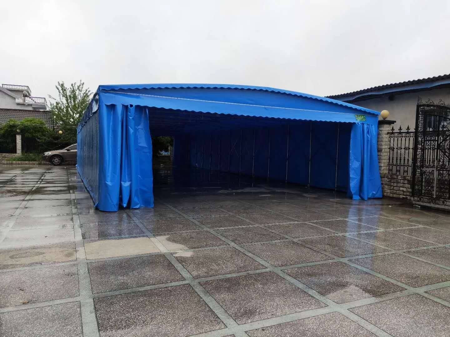 上海仓库临时雨棚  江苏伸缩式推拉蓬  浙江悬空电动推拉雨篷  彩色天空移动雨棚