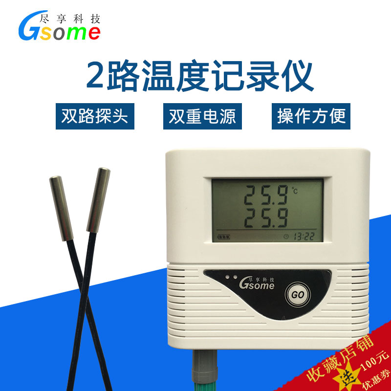 Gsome尽享科技工厂直销2路温度记录仪仓库冷库双通道探头DL-W211