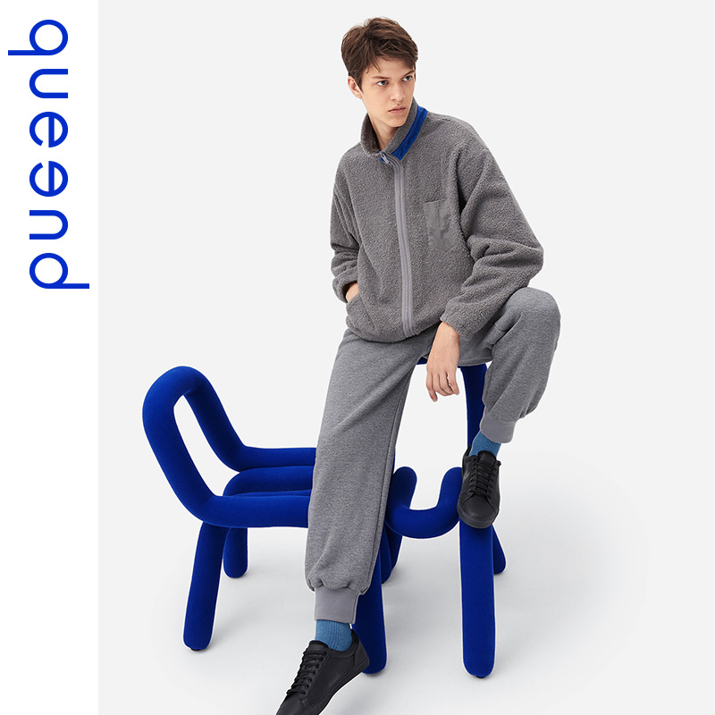 queend淳度可外穿运动家居服套装法兰绒睡衣男士冬季加厚加绒立领居家服