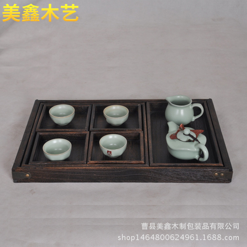 新款现货防腐木制茶具七件套 复古桐木做旧家居办公茶具托盘