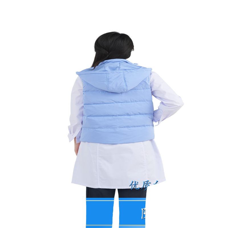明贴兜羽绒马甲浅灰蓝色 公共卫生羽绒马甲服 羽绒工作服马甲定制 价格