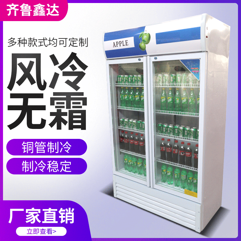 双门啤酒冷藏展示柜 商用饮料保鲜展示陈列柜 黄色定制立式啤酒柜