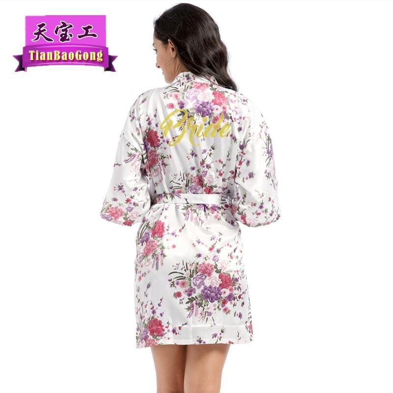 厂家直销 烫金葱粉Bride开衫短袍 女士仿真丝薄款水仙花新娘晨袍