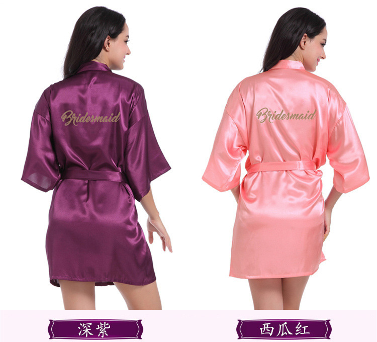 烫金粉Bridesmaid 伴娘晨袍 婚礼化妆袍女士薄款丝绸开衫袍