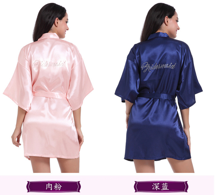 天宝工女士丝绸薄款睡袍烫钻Bridesmaid婚礼伴娘化妆开衫袍