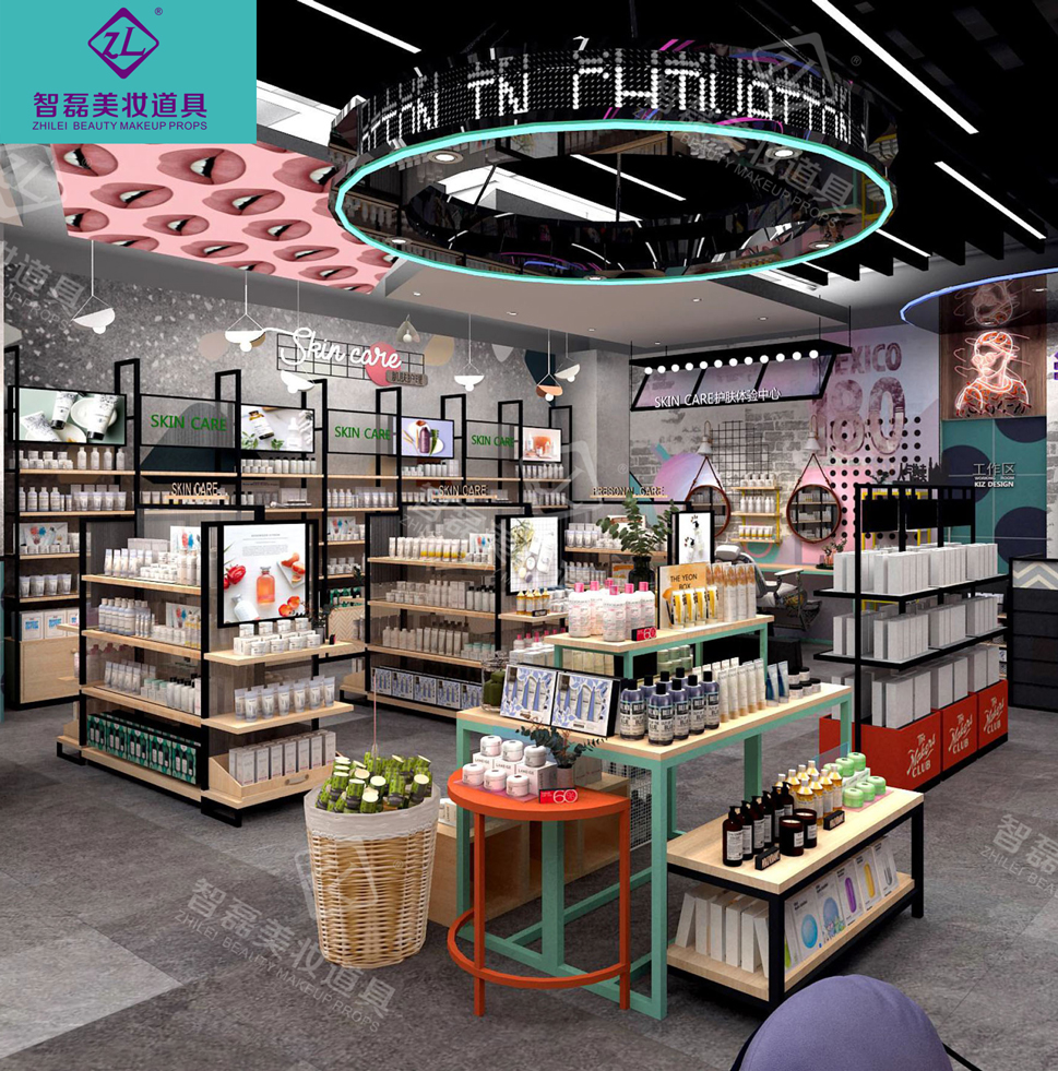 新款美妆店展示柜_美妆展柜_化妆品高柜_美妆专卖店展柜