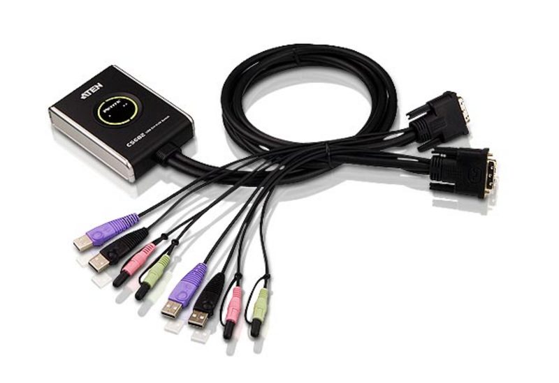 ATEN 宏正 KVM切换器 2口音频DVI 带线式切换器CS682