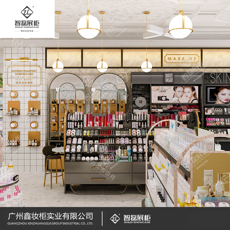 新款美妆店护肤品背柜_高柜_ 钢木结合化妆品展示柜货架