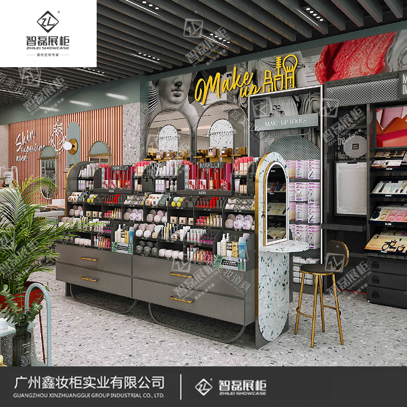 钢木结合化妆品展柜定做_化妆品背柜_商场化妆品展柜