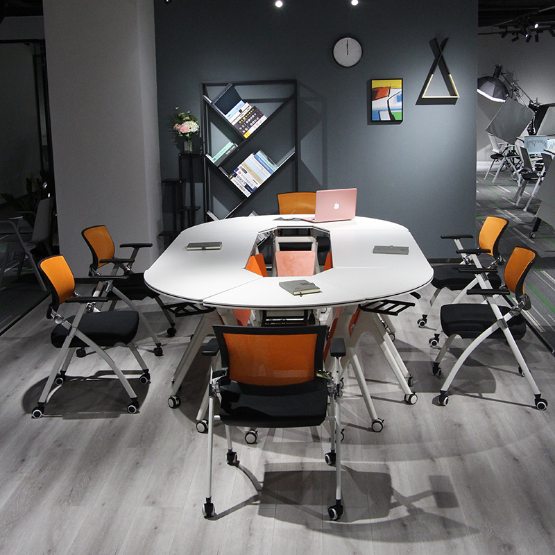 广东厂家直销六边形培训桌智慧课桌椅 折叠移动培训桌拼接圆形会议桌组合办公桌