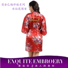 天宝工烫金晨袍伴婚庆娘晨袍女士仿真丝晨袍水仙花短款开衫袍