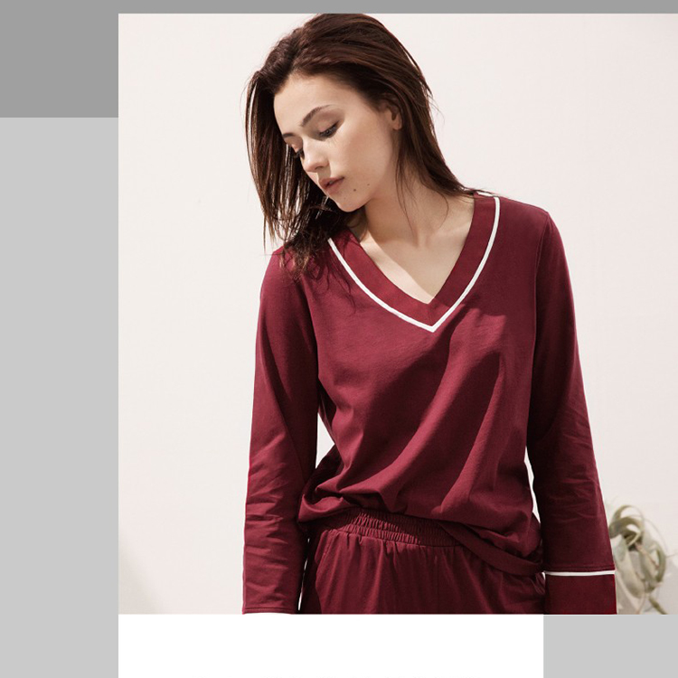 淳度睡衣女纯棉长袖春秋可外穿家居服时尚V领丝光棉休闲长裤套装