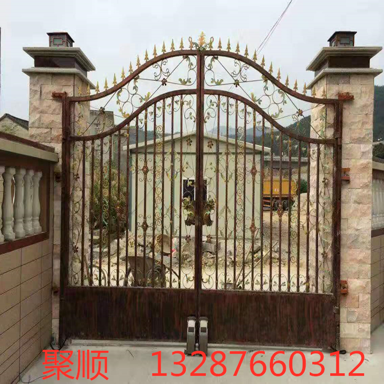 欧式铁艺大门--别墅小区庭院安全铁艺大门--聚顺