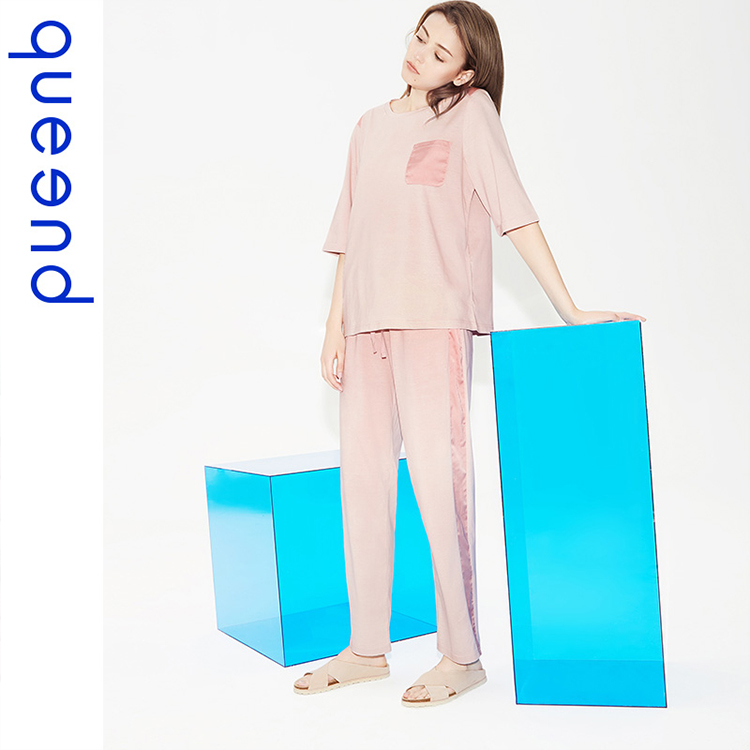 中高端睡衣专卖品牌淳度QUEEND 女式睡衣女夏时尚纯棉可外穿中袖长裤丝光全棉薄款家居服​