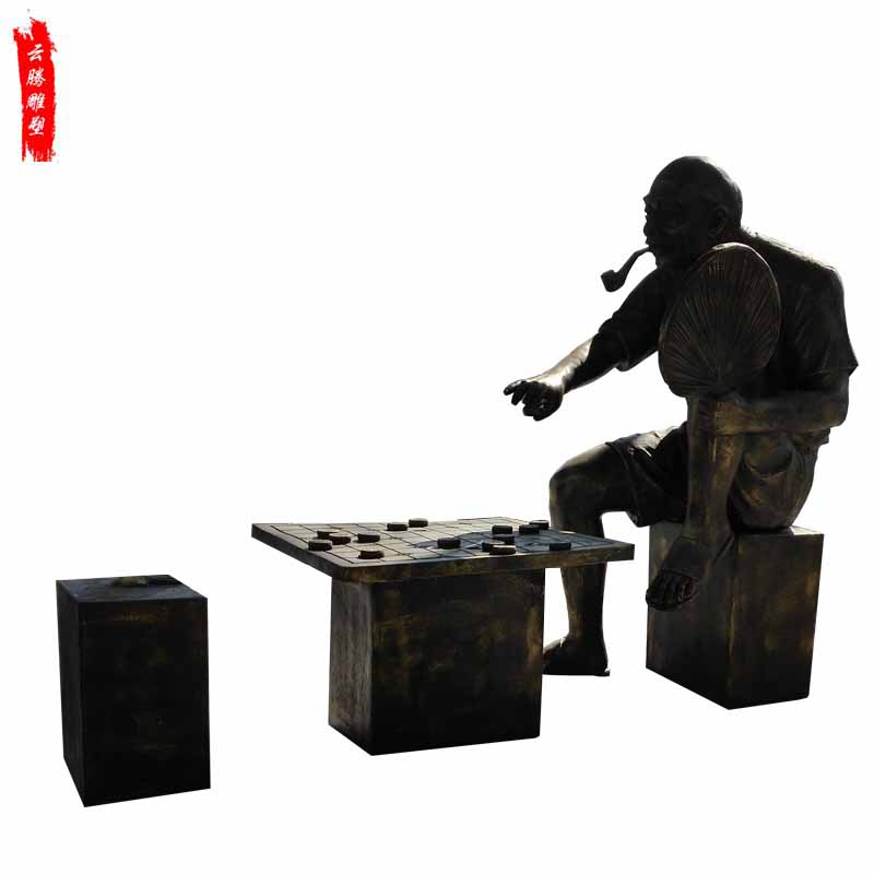 老人喝茶下棋小品雕塑 玻璃钢仿铜人物雕塑 公园景区装饰摆件