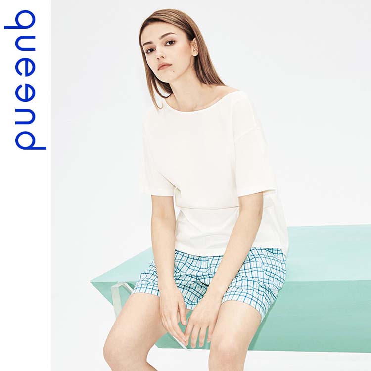 queend淳度 40S加厚丝光棉睡衣女夏短袖蓝绿白格家居服可出门休闲