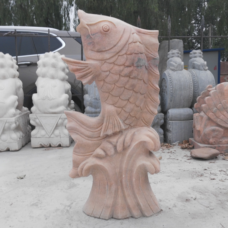 现货供应石雕鱼摆饰 石雕喷水鱼 晚霞红喷水石雕鱼工艺品