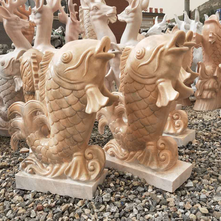 石雕喷水鱼 晚霞红喷水鱼 石雕流水摆件 喷泉流水鱼景观摆件