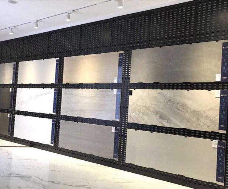 现货方孔瓷砖展示架黑色烤漆冲孔板瓷砖挂板高清大图