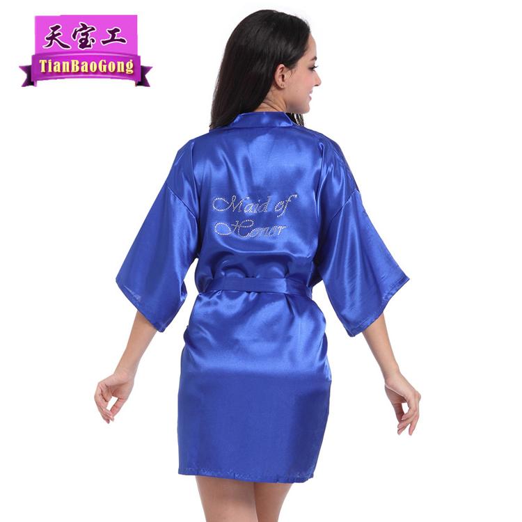跨境女士薄款丝绸开衫袍烫钻Maid of Honour婚礼首席伴娘化妆睡袍