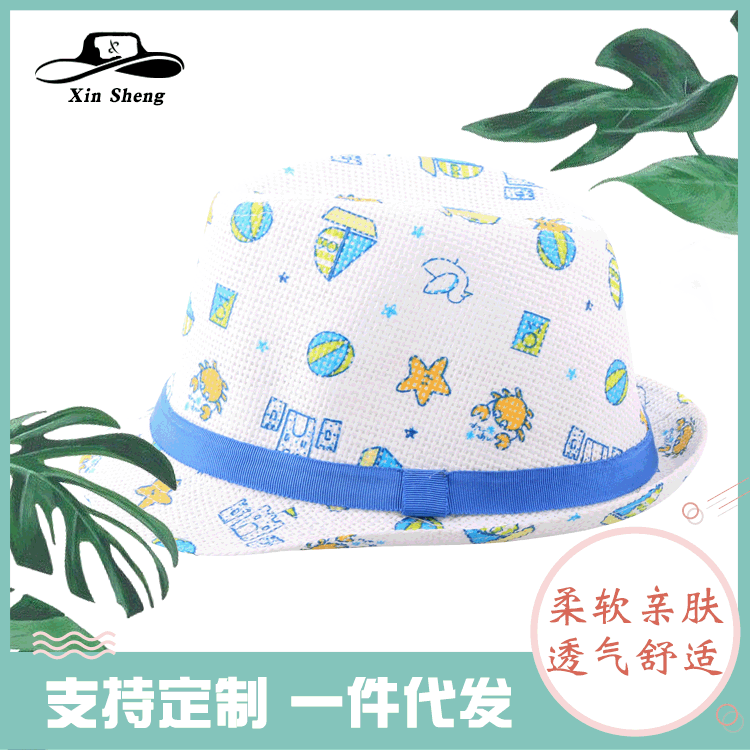 韩版亲子遮阳帽 卷边圆顶帽翻边沙滩礼帽儿童太阳帽印花爵士帽