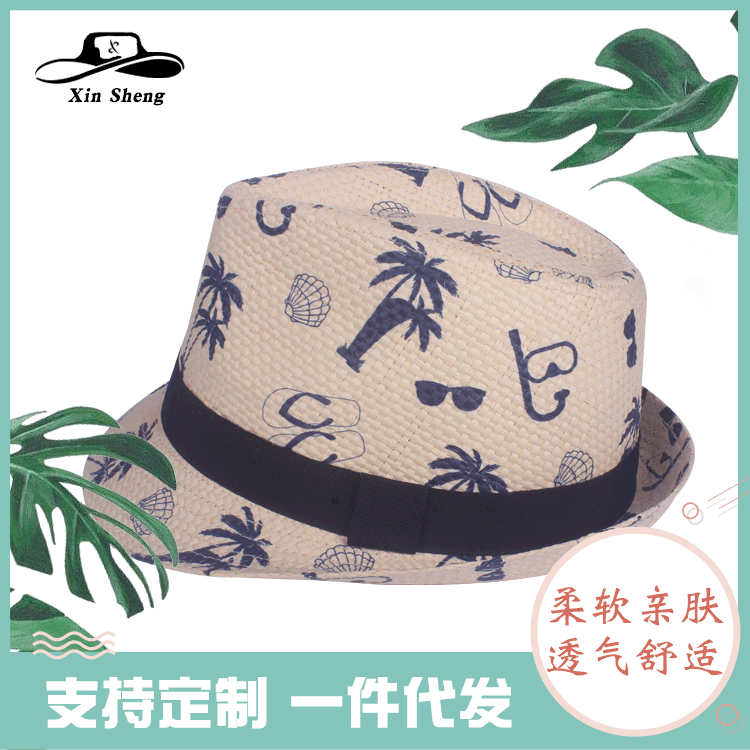新款夏季草编沙滩帽 休闲风草帽时尚印花小礼帽英伦小礼帽沙滩