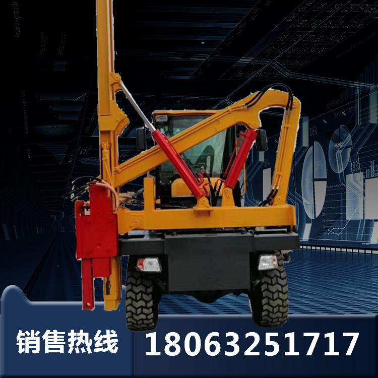 四轮围栏液压压桩机 山地防护栏岩石钻孔机 路面围栏打拔道路钻孔液压锤波形防护栏压桩机