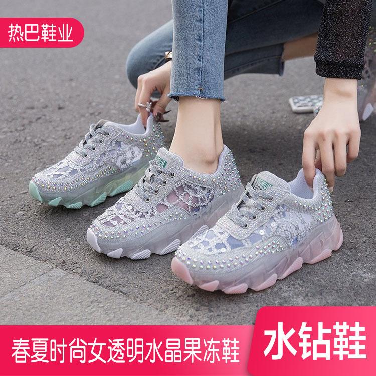 东大门同款水钻鞋女热巴新款时尚老爹鞋女透明水晶果冻鞋直销