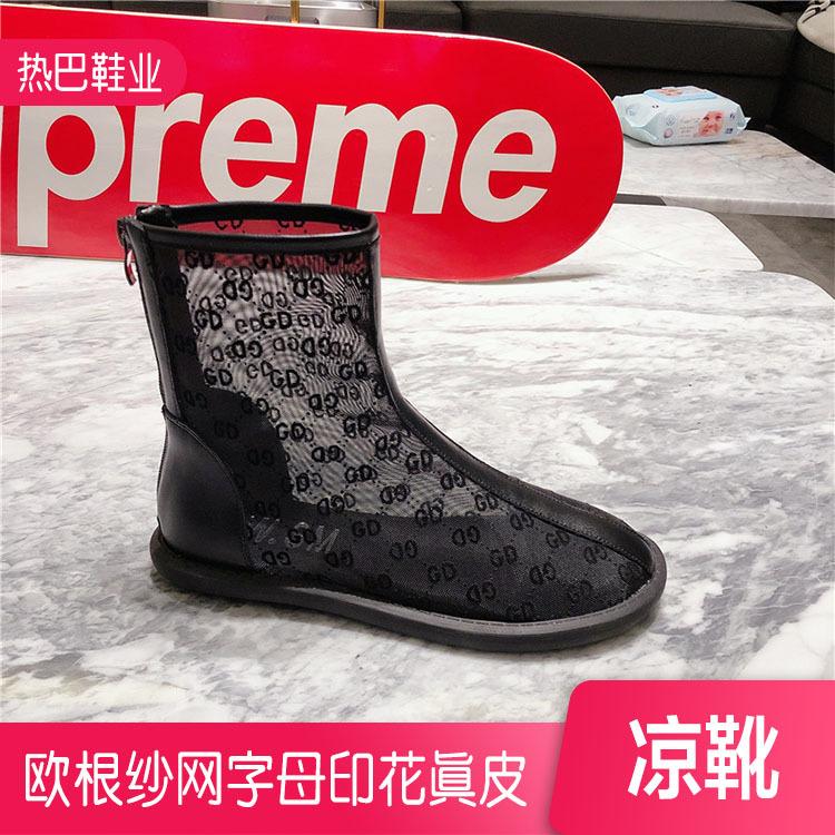 马丁靴  热巴机车靴 欧根纱网字母印花真皮凉靴