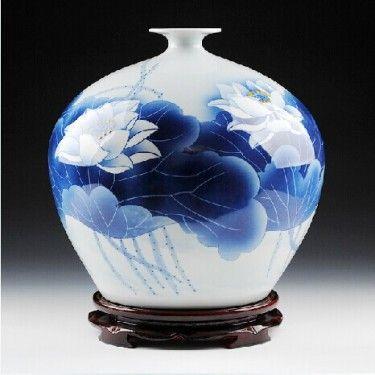 陶瓷器手绘 仿古青花瓷 花瓶插花客厅摆件