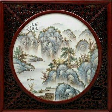 居家背景墙瓷板画  圆形正方形瓷板画 景德镇山水瓷板画