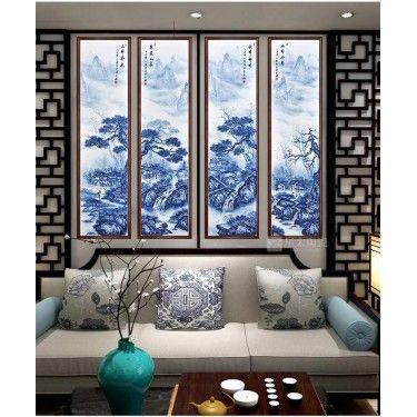 景德镇订制墙上壁画 山水壁画 四条屏瓷板壁画