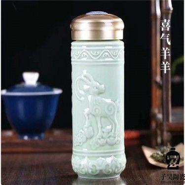 雕刻全瓷保温杯 批发供应景德镇双层陶瓷保温杯 礼品定制logo保温杯