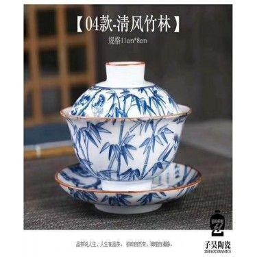 纯手工青花瓷泡茶杯 陶瓷功夫茶具 三才盖碗