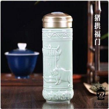 订做日用带盖陶瓷茶杯 青花瓷礼品杯办公杯 雕刻全瓷保温杯