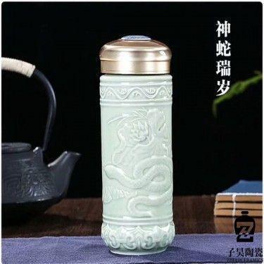 雕刻全瓷保温杯 礼品定制logo保温杯 双层带内胆玲珑收腰养生杯