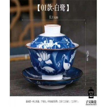 景德镇满工精品盖碗 重工手绘盖碗 纯手工青花瓷泡茶杯