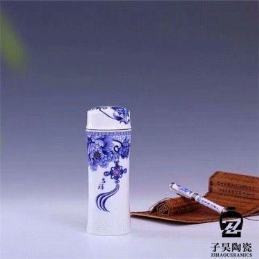 景德镇陶瓷青花瓷保温杯 雕刻全瓷保温杯 厂家直销高档礼品保温杯