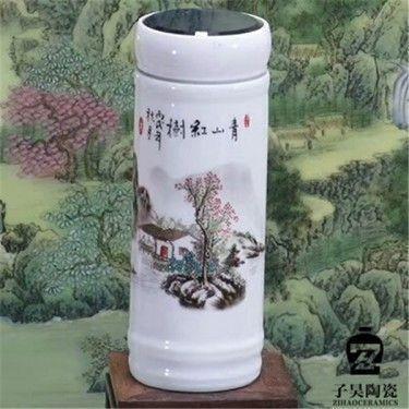 青花瓷双层全瓷陶瓷杯 高档陶瓷保温杯 陶瓷保温杯生产厂家
