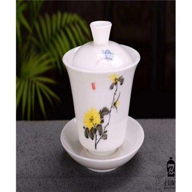 景德镇白瓷手绘盖碗 茶碗单个功夫茶具礼品定制 茶楼陶瓷盖碗供应