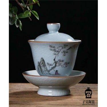 公司礼品盖碗 釉下青花瓷大号盖碗茶具 三才马蹄盖碗家用泡茶