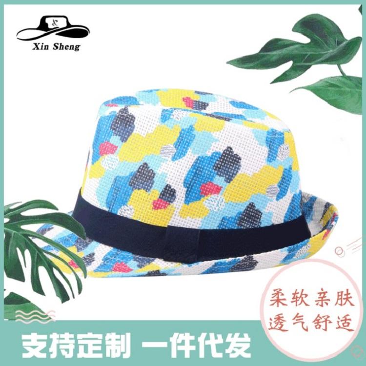 印花爵士帽 儿童小礼帽男女防晒遮阳太阳草帽沙滩帽亲子帽 可批发