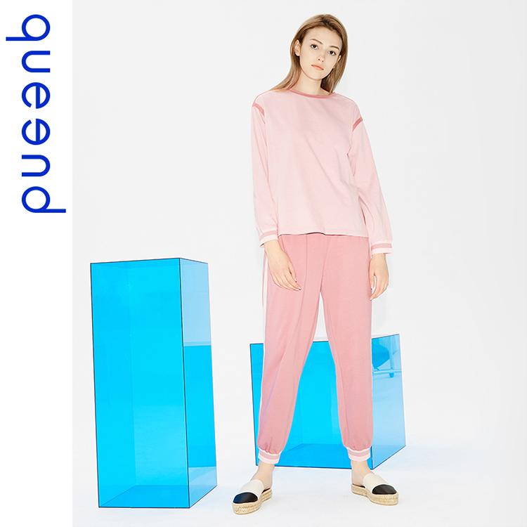 中高端睡衣专卖品牌淳度QUEEND睡衣女春秋长袖纯棉时尚可外穿家居服拼接撞色压光全棉居家服