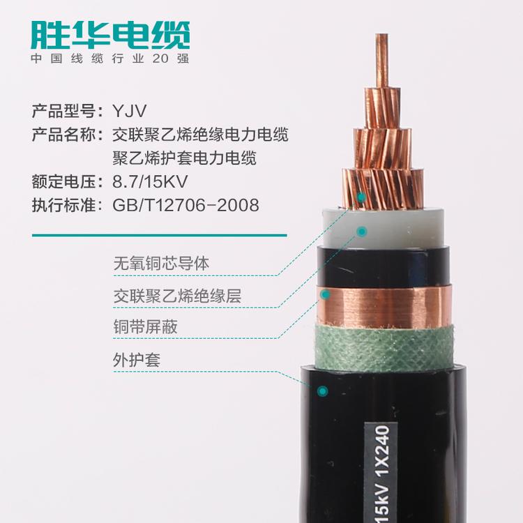 胜华电缆   YJV-15KV中高压交联铜电缆  25-500平方 1/3芯  国标铜交联电力电缆线   yjv电线电缆报价 库存现货 保检测 价格