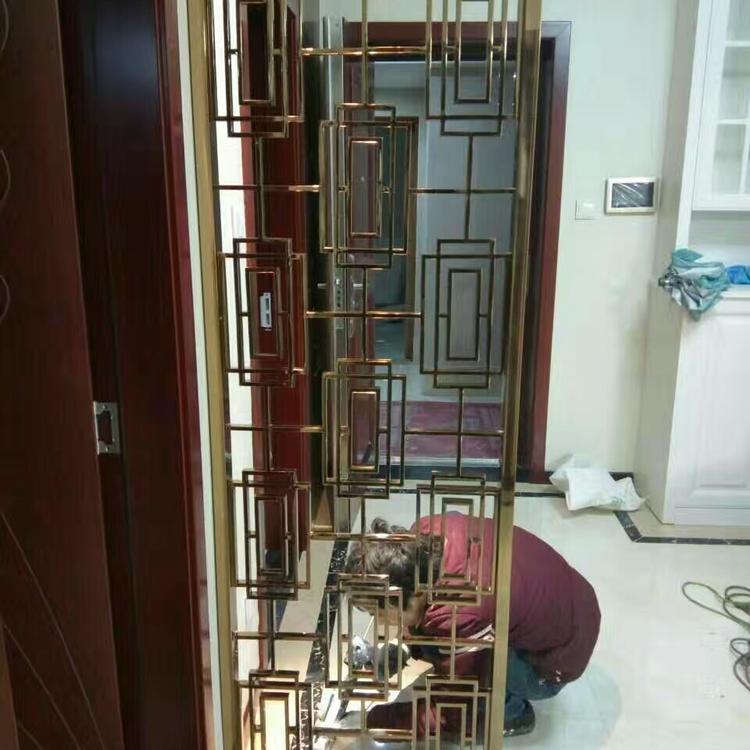 新中式不锈钢屏风隔断欧式玄关现代轻奢入户装饰金属客厅镂空花格