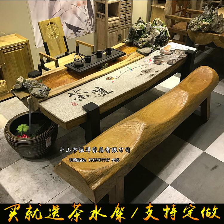 支持定做香樟木家具大型流水茶桌景观茶台原生态茶几