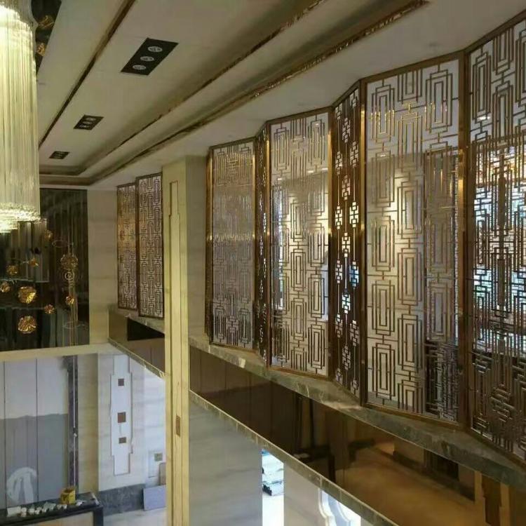 工装酒店大堂 办公室隔断 拉丝玫瑰金 中式新中式 不锈钢屏风 酒店大厅金属雕花镂空装饰隔断