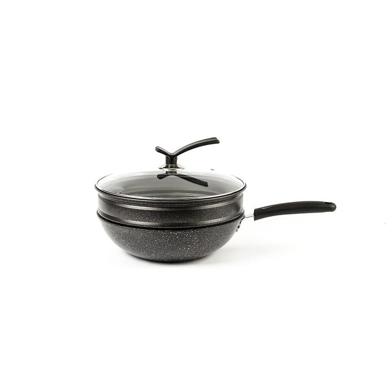 麦饭石不沾炒锅多功能双层麦饭石不粘炒锅带蒸笼锅具批发