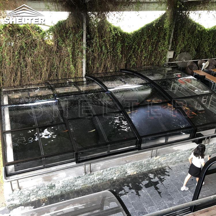 电动滑轨移动开合泳池盖保温酒店商业采光顶出口智能伸缩阳光房