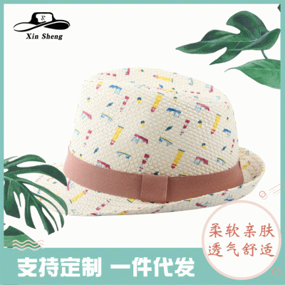 现货批发春夏新款纸草遮阳礼帽 儿童个性印花英伦小礼帽爵士帽